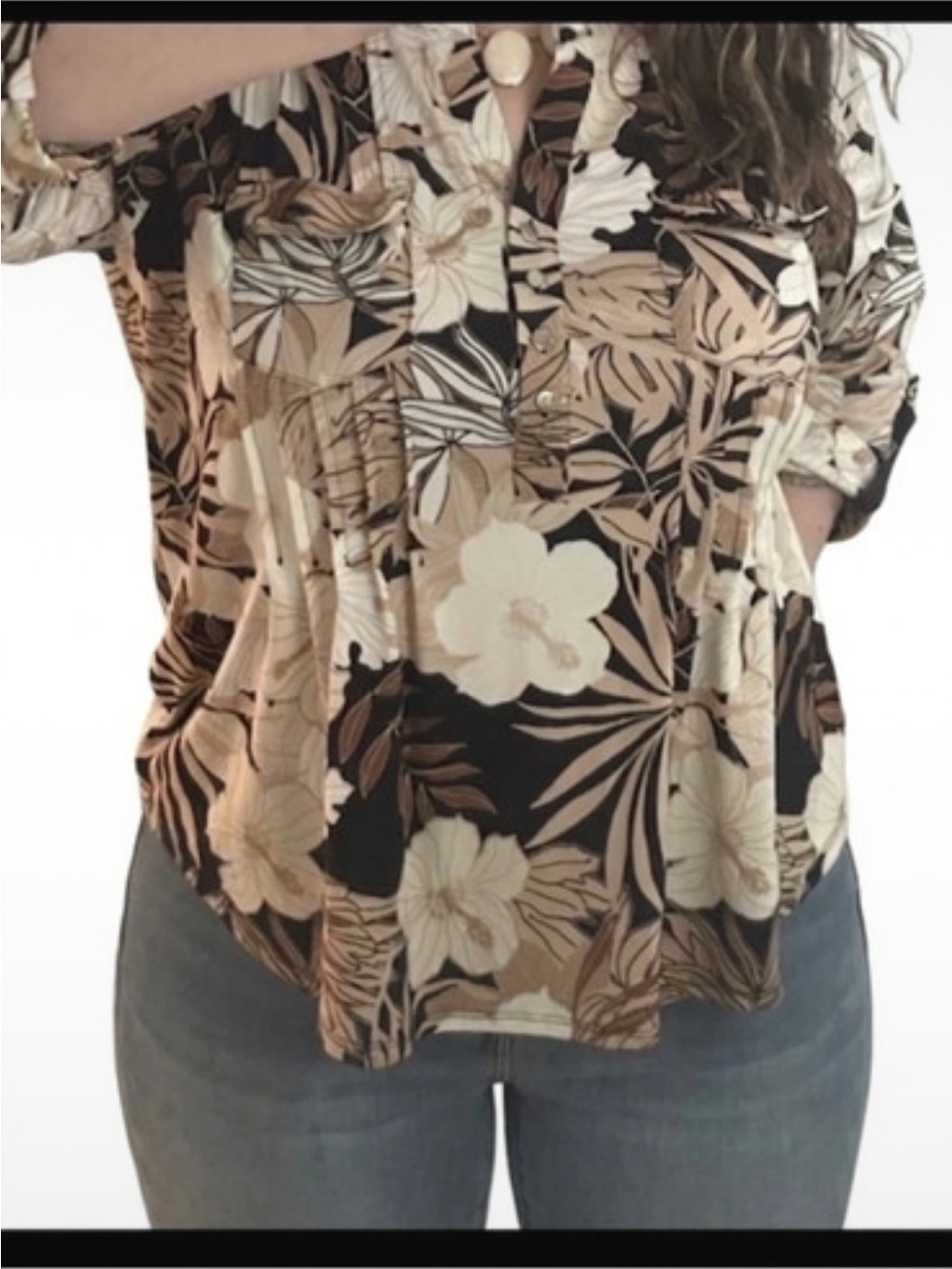Cocomo Black Floral Button pleated -Front Blouse with Cream and Tan Print